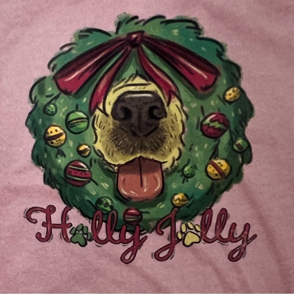 Christmas Pink Holly Jolly Dog Wreath T-Shirt NWT